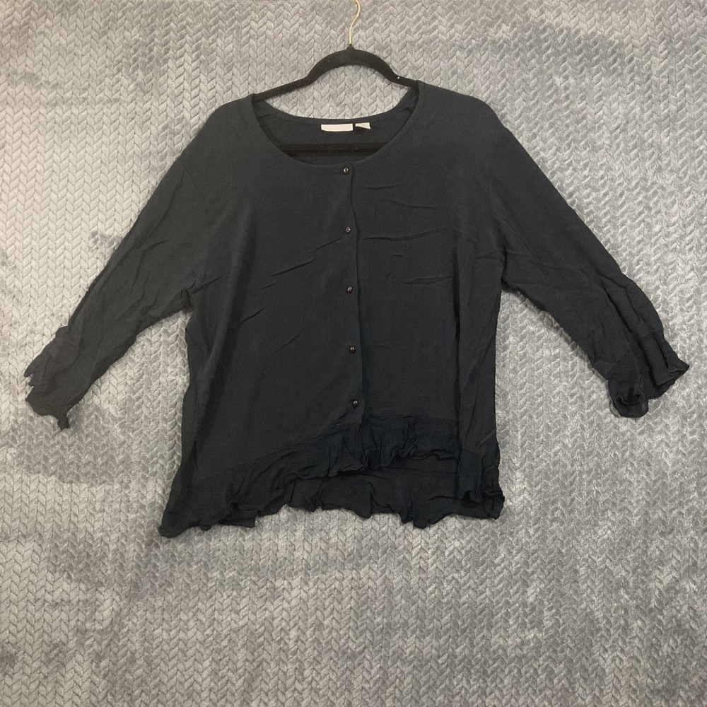 Whitewash Blouse Womens L Black Button Down Ruffle Hem Solid Long Sleeve Blouse
